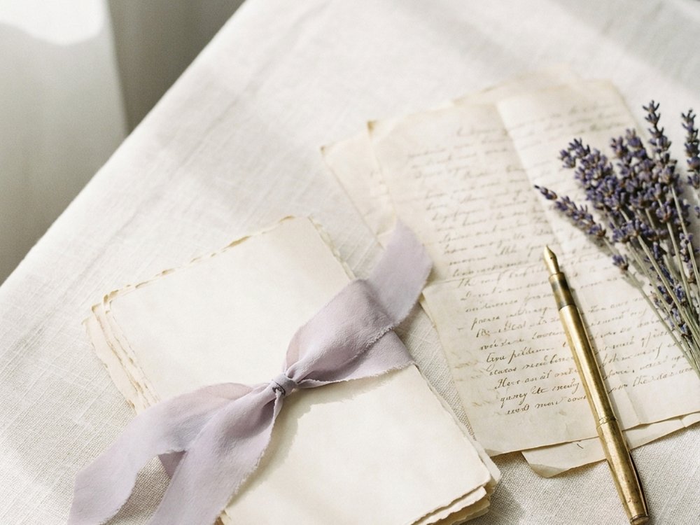 A ribbon-tied bundle of handwritten pages with a gold pen and lavender